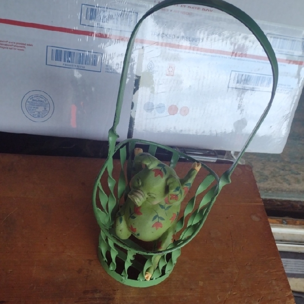 Green Pig in Antique Basket